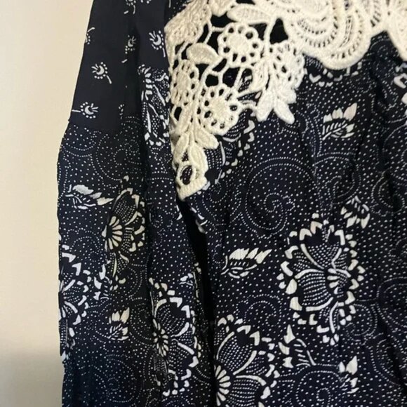 Ann Taylor Loft Dark Floral Print Lace Tassel Peasant Boho Long Sleeve Blouse - - Picture 10 of 11